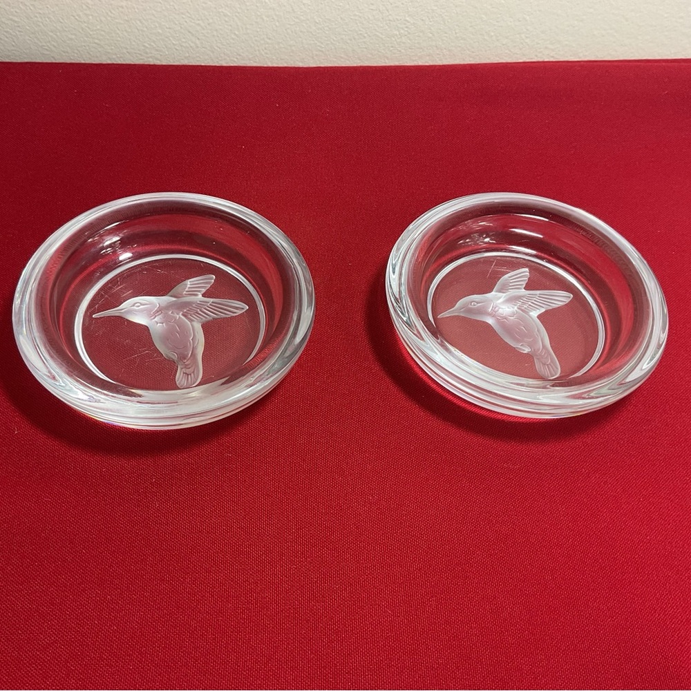 Hoya Crystal Glass Coaster Hummingbird Etched Set of 2